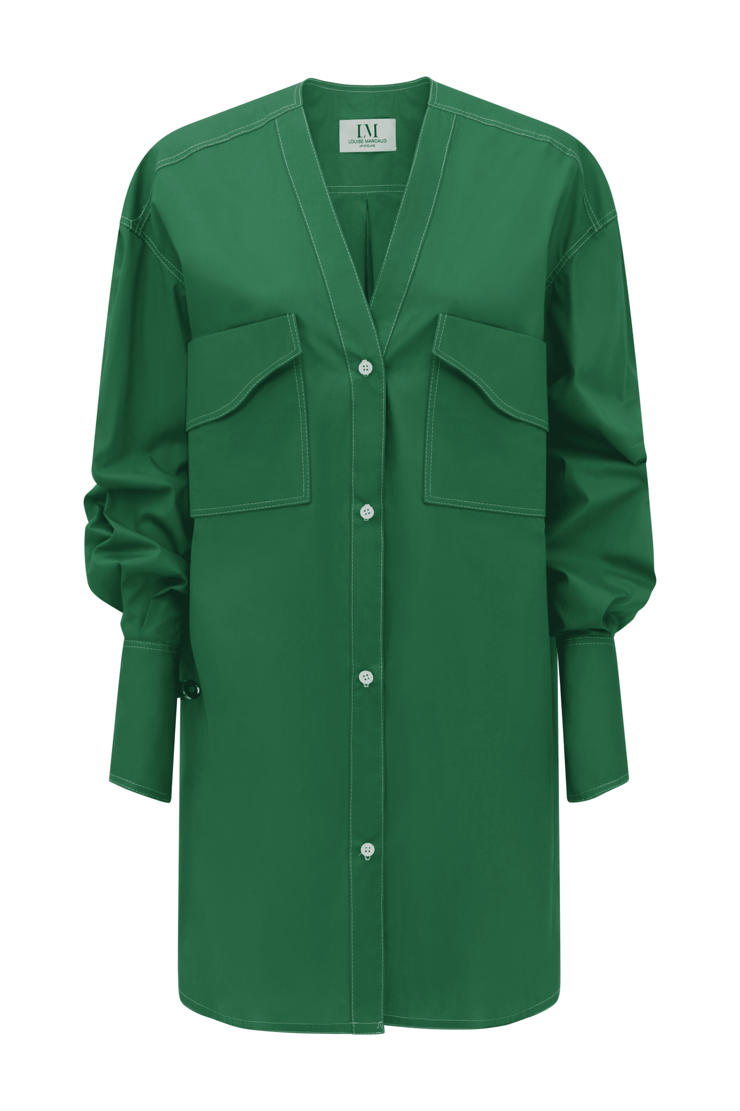 ROBE ZIGZAG, 100% Coton vert, manches longues, sans col, surpiqûres blanches.