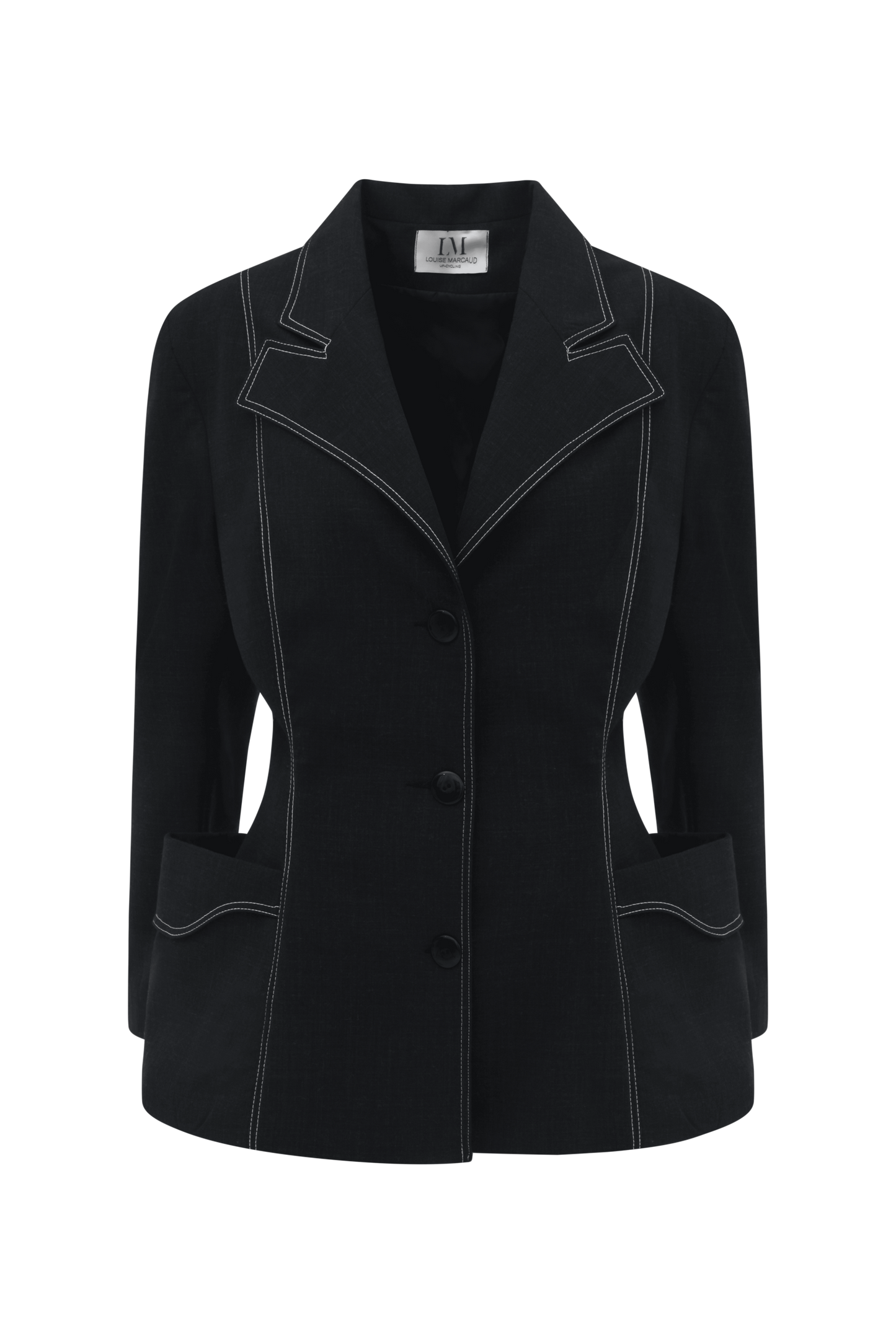 VESTE SINUSOÏDE, détail de face, 100% laine, coupe cintrée, surpiqûres blanches.
