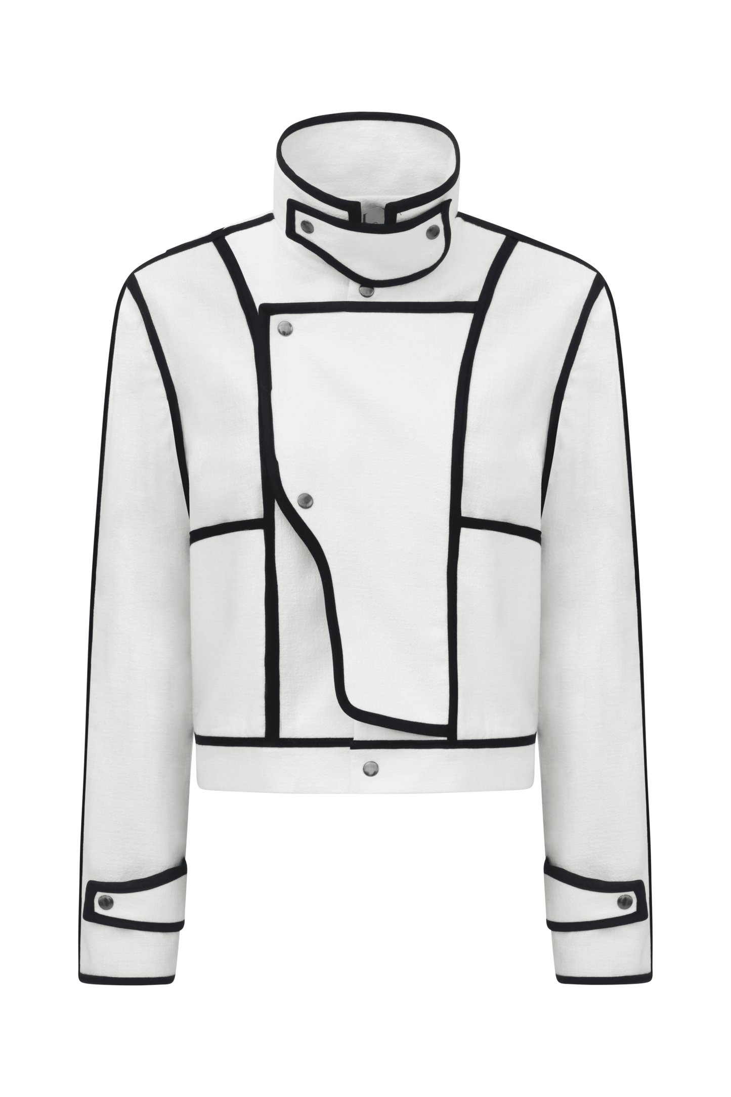 VESTE BIAIS NOIR, lainage blanc, coupe droite, graphique, biais noir.