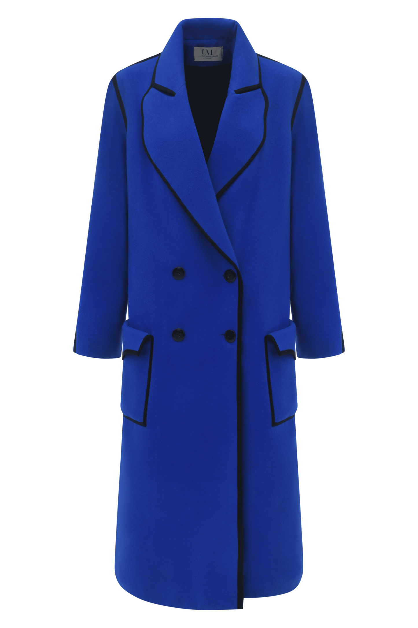 MANTEAU SERPENTINE, 100% laine bleu roi ultra doux, biais noir et col arrondie Louise Marcaud.
