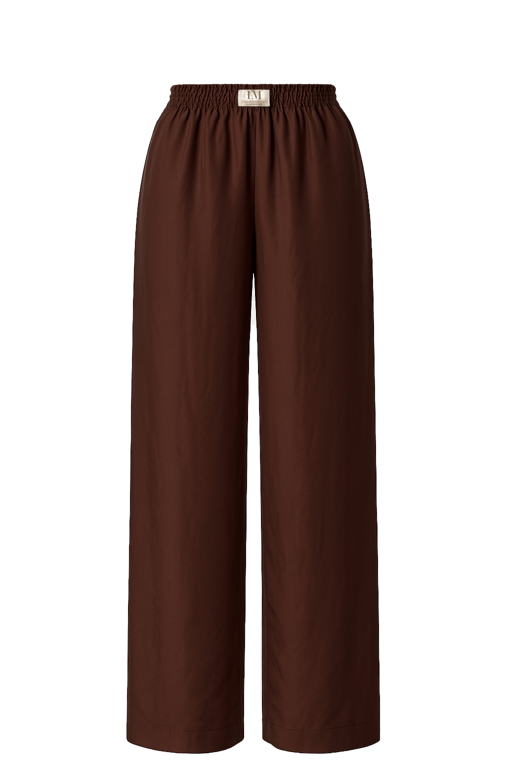 PANTALON BLOOM fluide à taille élastiquée en soie marron pour un style moderne et élégant.
