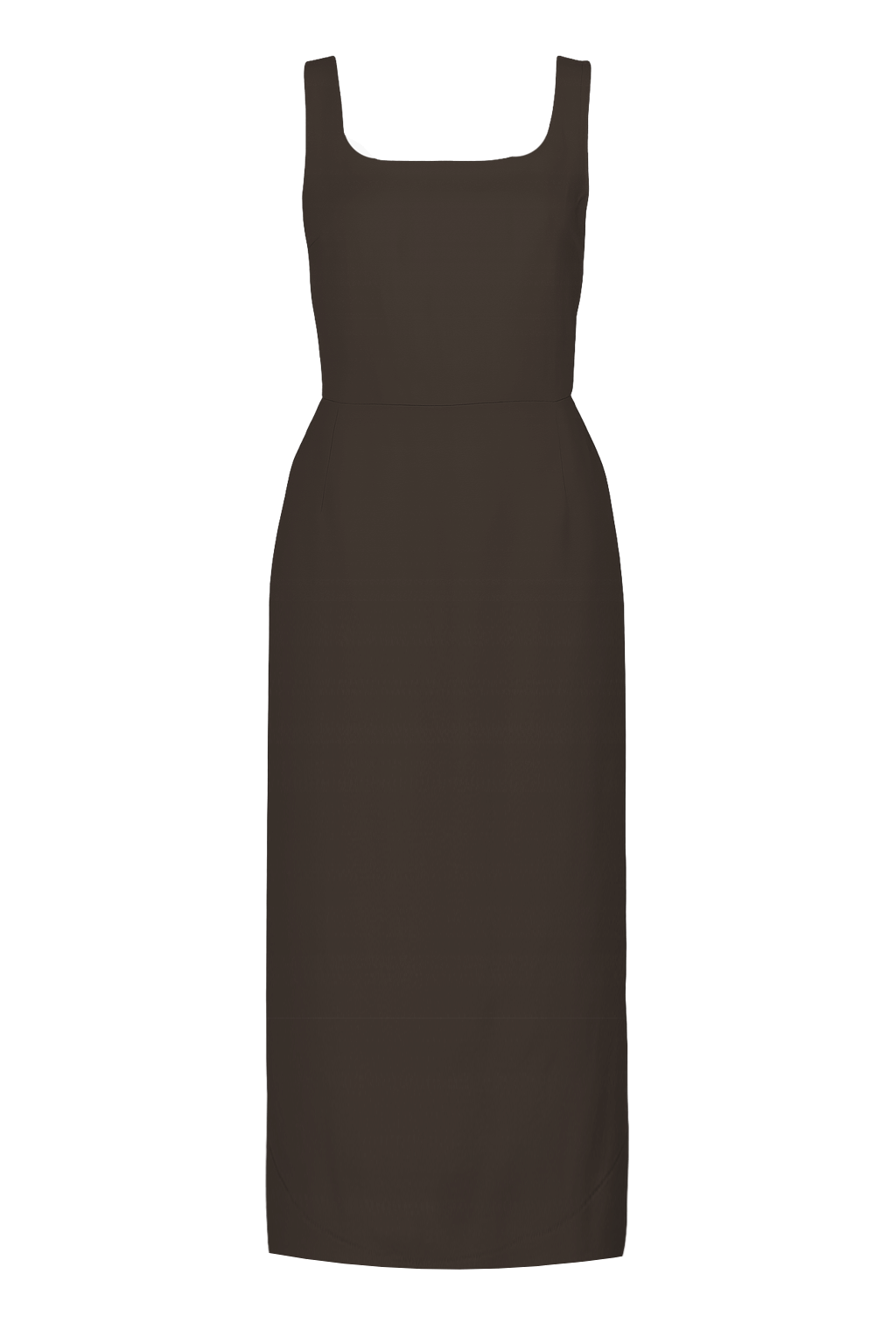 Robe DING DONG longue marron foncé en soie, coupe droite et col carré.