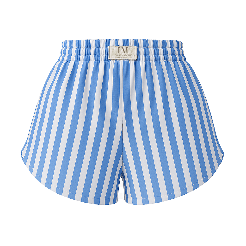 Détail du short BLOOM BLEU : élastique à la taille et griffe de marque, style sportif chic.
