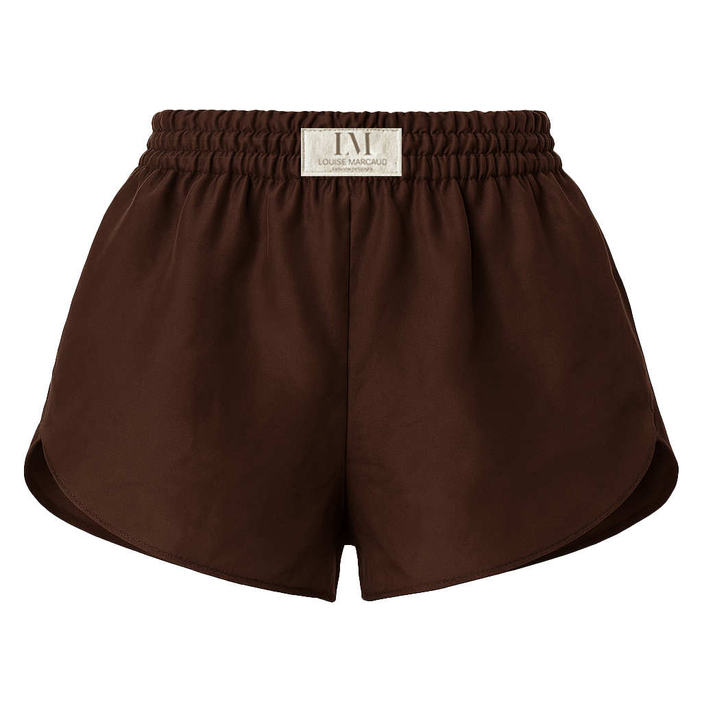 Détail du SHORT BLOOM chocolat : élastique à la taille et griffe de marque, style sportif chic.