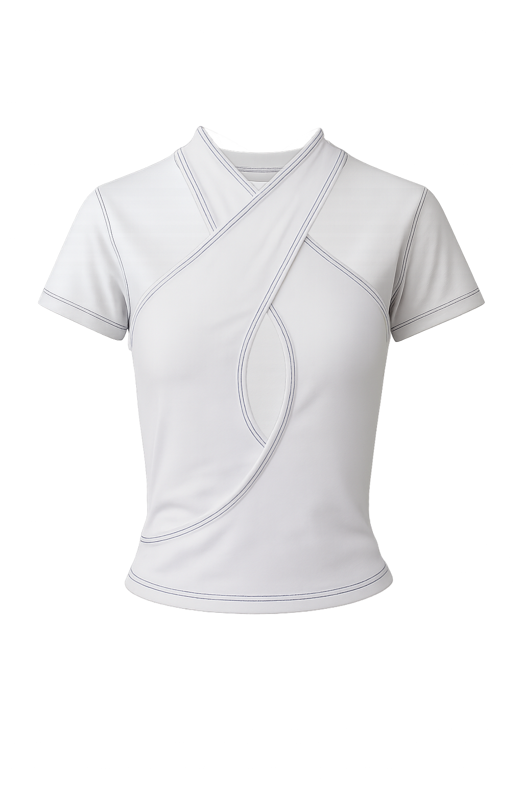 Ensemble CLIC CLAC TOP avec le t-shirt blanc moulant porté sous le débardeur blanc croisé à surpiqûres bleues.