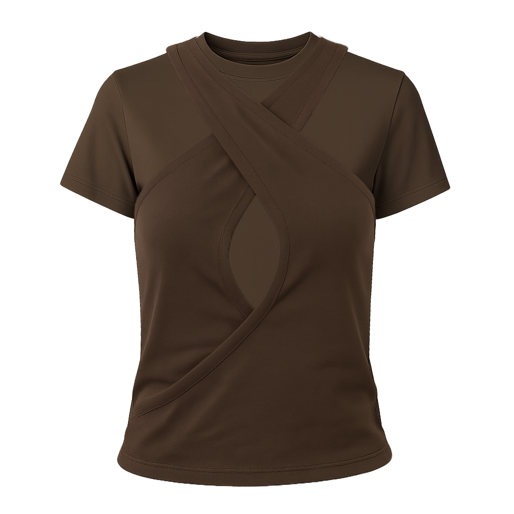 Ensemble CLIC CLAC TOP avec le t-shirt moulant marron porté sous le débardeur croisé en coton.