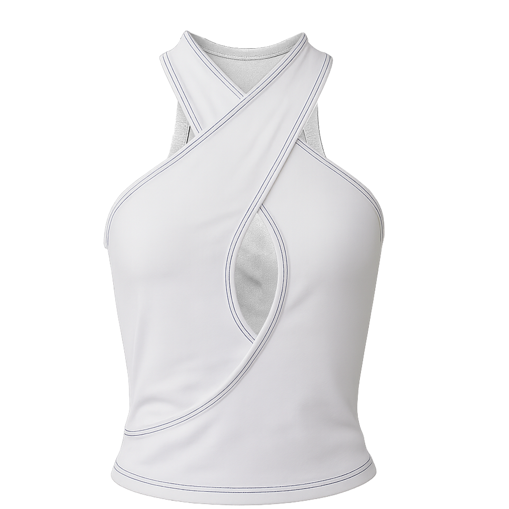 Débardeur blanc croisé avec surpiqûres bleues de l’ensemble CLIC CLAC TOP.