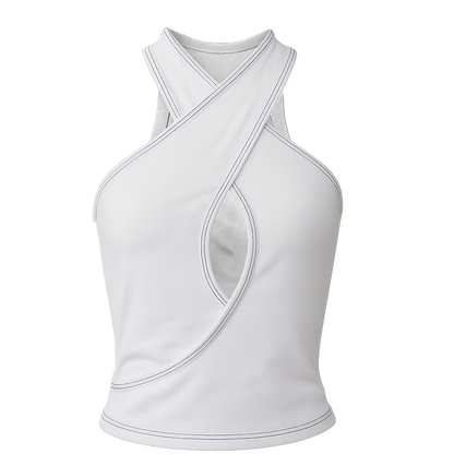 Débardeur blanc croisé avec surpiqûres bleues de l’ensemble CLIC CLAC TOP.