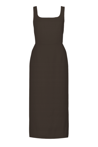 Robe DING DONG longue marron foncé en soie, coupe droite et col carré.